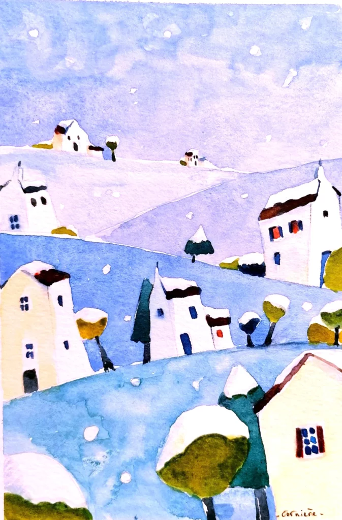 Paysage sous la neige à l'aquarelle pour un stage enfant, adultes et ados ou en famille. Dessin peinture et modelage seront au rdv sur Rezé et proche de Nantes